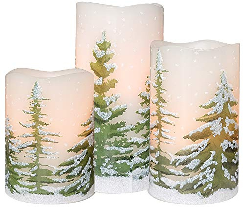 Eldnacele Green Tree Christmas Decor Flameless Flickering Candles with Automatical Daily Timers, Battery Operated LED Candles Real Wax Decals Pack 3 Tiered Pillars 3 x 4 5 6 Inches