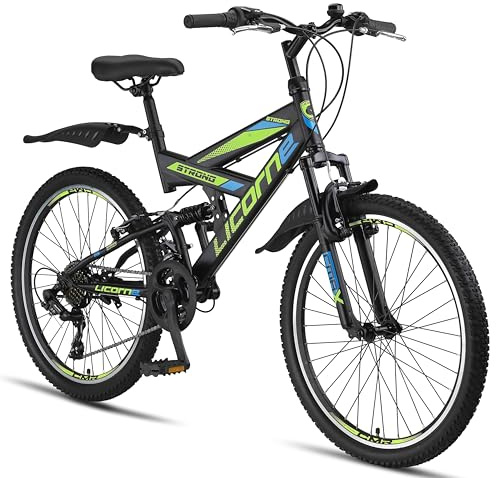 Licorne Bike Premium Mountain Bike Strong da 24 pollici, bicicletta per ragazzi, ragazze, donne e uomini, con cambio a 21 marce, sospensioni complete, Uomo, Nero/Blu/Lime, 24 inches