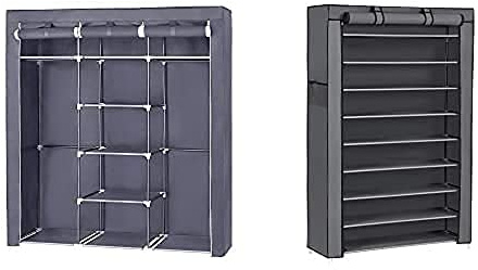 SONGMICS Kleiderschrank, Faltschrank, Stoffschrank, Faltbare Garderobe mit 2 Kleiderstange, 175 x 150 x 45 cm, grau RYG12G Schuhregal mit 10 Ebenen, Flur, 88 x 28 x 160 cm, grau RXJ36G