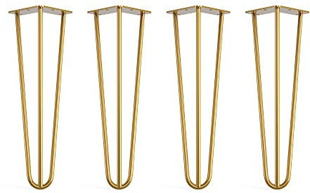 Lot de 4 pieds en épingle à cheveux avec pieds de protection de sol et vis – 40 cm 3 tiges / 10 mm, laiton doré
