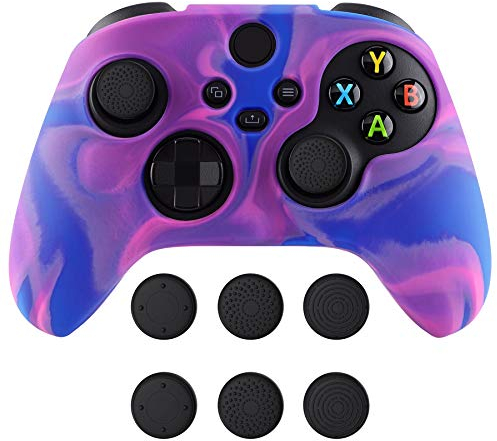 PlayVital Tri-Color Pink & Purple & Blue Camouflage Anti-Slip Silicone Cover Skin for Xbox Series X Controller, Soft Rubber Case Protector for Xbox Series S Controller with Black Thumb Grip Caps