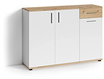 byLIVING Kommode Jakob / 3-TRG. mit 1 Schubkasten/braun in Eichen-Optik/Sideboard matt weiß/B 110, H 83,5, T35,5 cm