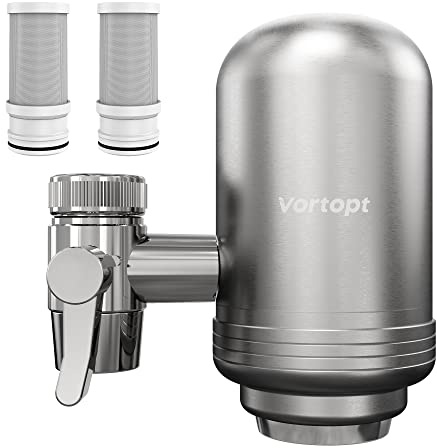 Vortopt Stainless Steel Faucet Water Filter for Sink - 500 Gallons Water Purifier for Faucet - Mount Tap Water Filtration System for Kitchen,Tub,Reduces Lead, Chlorine and Bad Taste,T2(2 Filter)