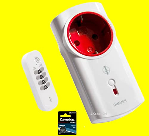 JKshop24 Funk-Dimmer Zwischenstecker 3-200 W +4-Kanal-Handsender IP55 +CR2032 | Phasendimmer phasenseitig dimmbare LED,Hochvolt-Halogen-Leuchten,Glühlampen Intertechno Funkschalter-Set JK-IT-SET-122