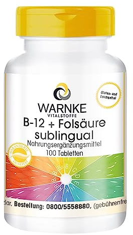 B12 + Folsäure sublingual mit Acerola - 500µg Vitamin B12 & 100µg Folsäure pro Tagesdosis - 100 Tabletten - hochdosiert - vegan | Warnke Vitalstoffe - Deutsche Apothekenqualität