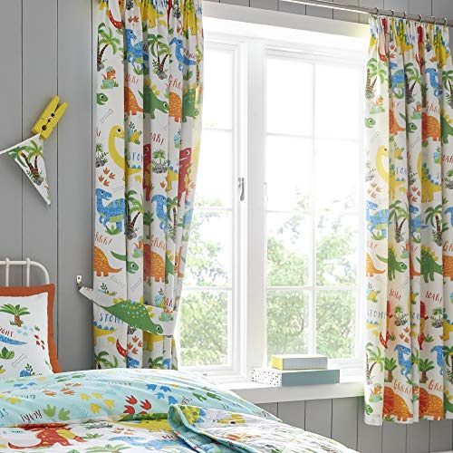 Happy Linen Company Girls Boys Kids Cute Dinky Dinosaurs White 66 x 72 Ring Track Pole Fully Lined Thermal Blackout Pencil Pleat Curtain Set