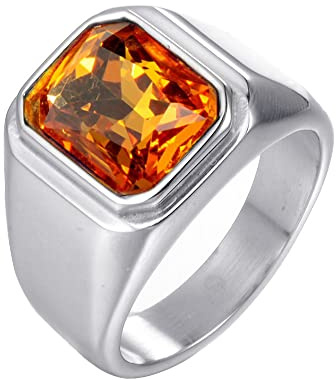 HIJONES Anello da Uomo in Pietra in Acciaio Inossidabile con Zirconi Quadrati Grandi Vintage Argento Giallo Misura 19
