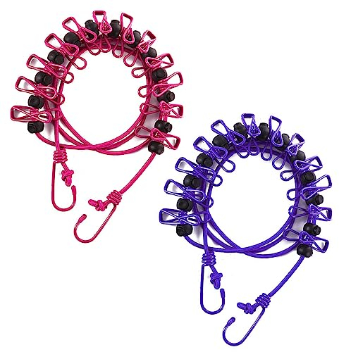 2 STK tragbare Wäscheleine, elastische Wäscheleine für die Reise, Wäscheleine mit 12 Klammern, Winddichte Wäscheleine für drinnen und draußen, Camping, Wäschetrocknen