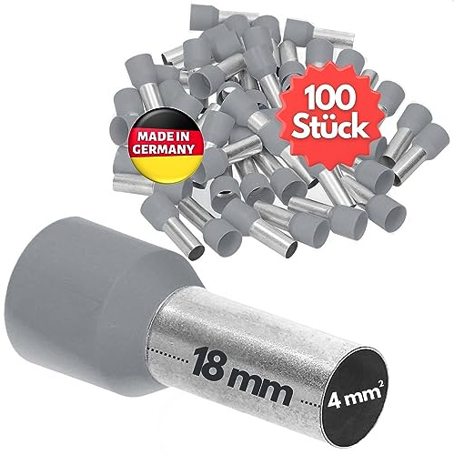 Kalitec 100x Terminali Isolati 4,0 mm² - Puntali a Bussola 18 mm, Grigio | Puntali in rame stagnato AWG 12 certificati UL, ideali per installazioni industriali, quadri elettrici e cablaggi sicuri