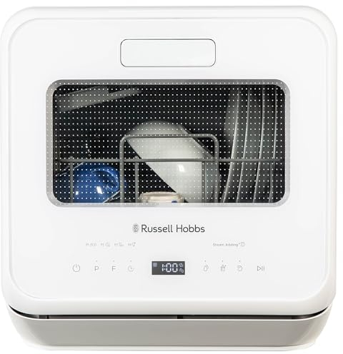Russell Hobbs Mini Dishwasher Compact Table Top 2 Place Setting, LED Display, Touch Control, 4 Programmes, Portable & Efficient, Baby Care, Rinse & Eco Mode, No Plumbing, White RH2TTDW101W