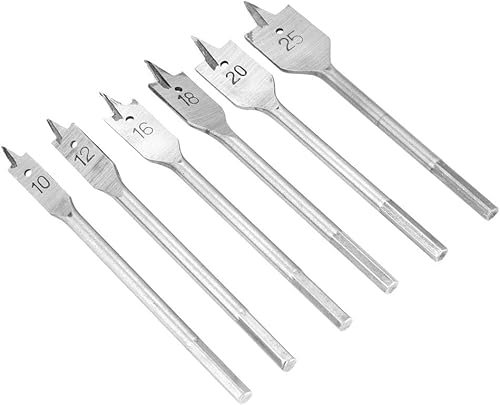 CeyMlem Spade Drill Bit 6 Pieces Spade Paddle Flat Drill Bits Woodworking Wood Drill Bit Set Carbon Steel 10/12/16/18/20/25mm Spade Drill Bit