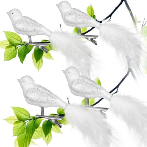 UNOLIGA Christbaumschmuck Vögel Glas, 4pcs Weihnachtsbaum Deko Weiß Vogel mit Federn, Niedlich Weihnachtsbaumschmuck Künstliche Glas Vögel mit Clip