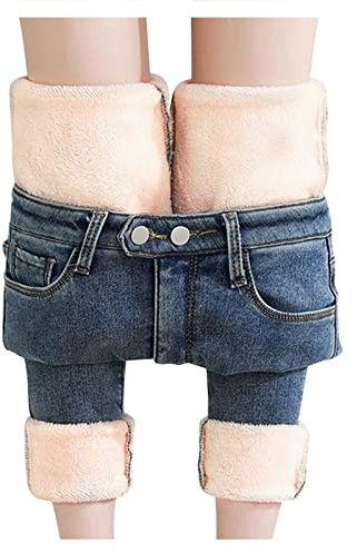 Nidddiv Jeggings für Damen, schwarz, Plüsch-Thermo-Damen-Jeans mit Taschen, hohe Stretchhose, Fleece-gefütterte Leggings, hohe Taille, modisch, gewaschene Jeans, gerades Bein, Skinny Damenhose, blau,