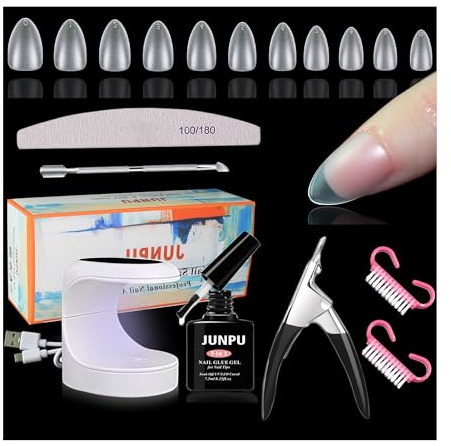 Nageltips Kurz Mandel und Glue Gel Kit, Gel x Nail Tips Set mit Mini UV Nagellampe, 510pcs Full Cover Nail Tips Almond and 5 in 1 Nagelkleber für Kunstnägel,Press on Nails Nagelset Gelnägel Starterset