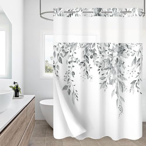 Gibelle Extra langer Duschvorhang ohne Haken, mit Stoffeinsatz, 183 x 218 cm Hotel-Stil, grau, Eukalyptusblätter, Duschvorhang mit durchsichtigem Fenster oben, wasserdicht und waschbar