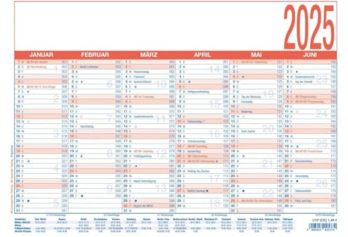 Zettler - Arbeitstagekalender 2025 blau/rot, 29,7x21cm, Plakatkalender mit 6 Monate auf 1 Seite, Mondphasen, Arbeitstage-, Tages- und Wochenzählung, Ferientermine und deutsches Kalendarium