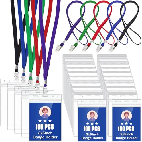 Patelai 100 Pack Clear ID Badge Holder with Lanyard Bulk 3 x 5 Inch Large Waterproof Badge and Credential Holders Plastic Credential Sleeves Vertical Sealable Card Protector for Travel Office