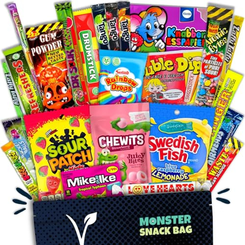 30 Vegane und Halal Süßigkeiten aus aller Welt - Mix Box auch als Geschenk | Besondere Süssigkeiten in großer Vielfalt in deiner Monster SnackBag - vegan, halal, vegetarisch und laktosefrei