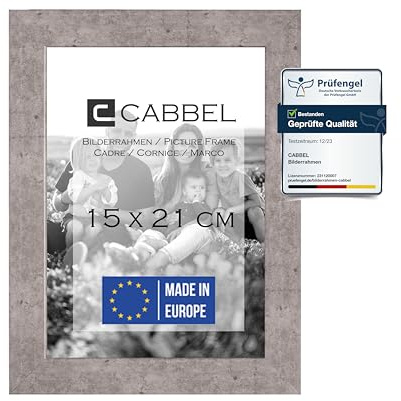 CABBEL Bilderrahmen 15x21 cm, Grau/Beton, stabiles MDF-Holz Rahmen, bruchsicherem Plexi-Glas, zum Aufhängen & Aufstellen, ideal für Fotos/Bilder/Collage