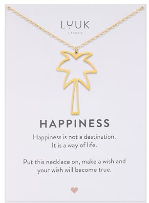 LUUK LIFESTYLE Collier avec pendentif différent en acier inoxydable (50 cm), carte HAPPINESS, porte bonheur, bijoux minimalistes, idée cadeau femme, amitié, anniversaire, Argent, Doré y Rose