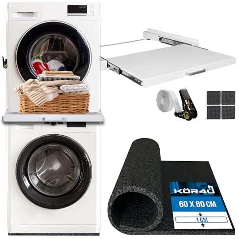 kör4u Tapis anti-vibration de qualité supérieure 60 x 60 x 1 cm et cadre intermédiaire en kör4u blanc avec plaque extensible, acier, 60,5 x 54,5 cm avec sangle d'arrimage