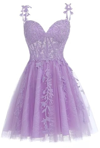 KURFACE Cute Spaghetti Straps Homecoming Dresses Short for Teens Sexy Backless Tulle Short Prom Cocktail Gowns for Juniors Lilac UK6