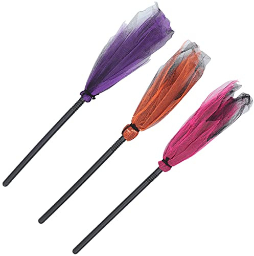 Holibanna Halloween Witch Broom, 3PCS Plastic Witch Broomstick Lace Cosplay Props Realistic Wizard Flying Broomstick Costume Accessories Haunted House Decor Random Color