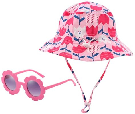 Chapeau De Fleur Pour Enfants 1 Pièce Et Lunettes De Soleil Pour Enfants 1 Pièce, Chapeau De Seau De Protection Solaire, Chapeau De Seau Imprimé Mignon, Accessoires D'Extérieur