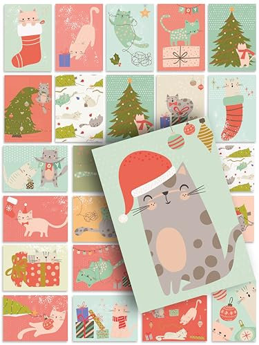 Weihnachtskarten 24 Postkarten Set Katzen Kätzchen süß niedlich Boho Deko Illustration Design Weihnachtspostkarte Weihnachten Mix Geschenk Grußkarte Geschenkkarte Tiere Xmas Cute Cats Adventskalender