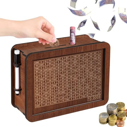 Wooden Money Boxes, Piggy Bank for Adults, Cash Vault Money Bank Box, Reusable Savings Challenge Boxes for Families, Children and Adults 10000