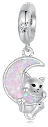 Rosa Opal Mond Katze Charms 925 Sterling Silber Charms Anhänger Fits Pandora Armband Halskette für Frauen
