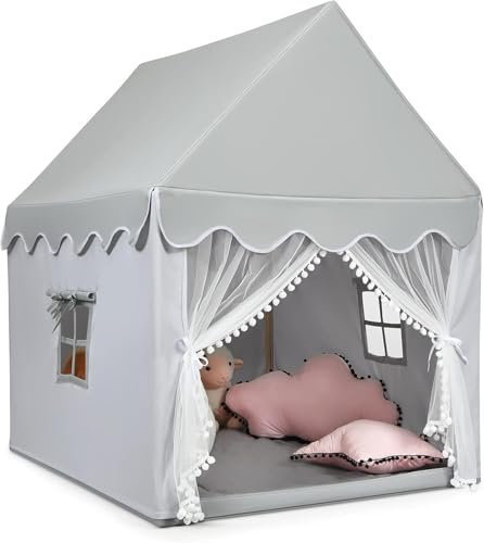 FANTASK Kinderzelt mit Massivholzrahmen & Baumwolldecke, Kinderspielhaus für Jungen Mädchen Prinzess Prinzessin, Grau Kinderspielzelt Indoor, Kinder Spielhaus für Drinnen, 120x105x140cm