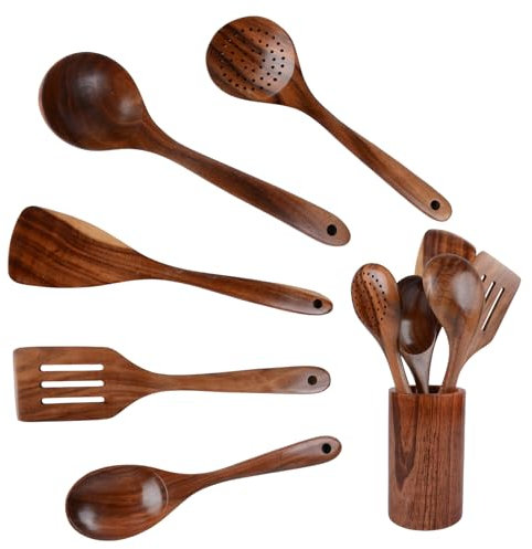 6 Piece Wooden Kitchen Utensils Sets Non-Toxic Wooden Spoons Cooking Spoons and Spatulas Heat Resistant Non Scratch Japanese Style Cooking Utensils Set for Non-Stick Pans