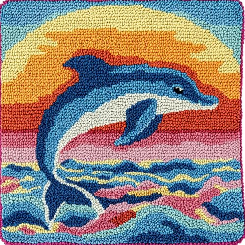 Rqwybcaxn Diy Knüpfkissen Set Delfin- Und Sonnenuntergangsmuster Knüpfsets,Knüpfkissen,Sticksets,Diy-Teppich,Handarbeiten,Knüpfkissen-Sets 43X43Cm