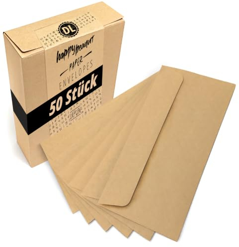 Japun - Briefumschläge (50 Stück) DIN lang, 220 x 110 mm, hellbraun | Kuvert aus 120 g/m² Papier, langer Umschlag mit Nassklebung ohne Fenster für Einladungen zum Beschriften und Bedrucken