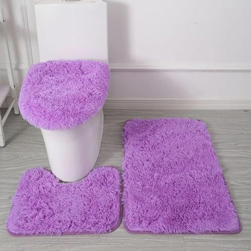 Genérico Juego de 3 Alfombrillas de Baño de Microfibra Suave – Antideslizante, Absorbente, Lavable a Máquina, Alfombra Contorno WC y Funda de Tapa de Inodoro (Morado Claro)