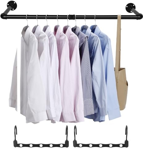 Perchero de Pared Industrial, 88 cm Barra para Colgar Ropa, Barra de Ropa para Colgar en Pared, Riel de Ropas en Pareds, Barras de Suspensión para Sala de Estar Gabinete Dormitorios + 2 Perchas