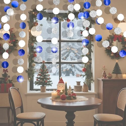 Hexizexi 6St 4m Runde Papier Girlande Blau 78Ft Weiß Kreis Banner Girlanden | Hängende Silber Runde Garland für Hochzeit Party Dekoration Girlande Geburtstag Mardi Gras Weihnachten