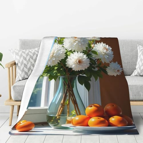 Couverture réaliste à imprimé dahlia blanc n°17 pour canapé, sofa, lit, super douce, légère, confortable, pelucheuse et chaude en flanelle, 152,4 x 127 cm, pour toutes les saisons