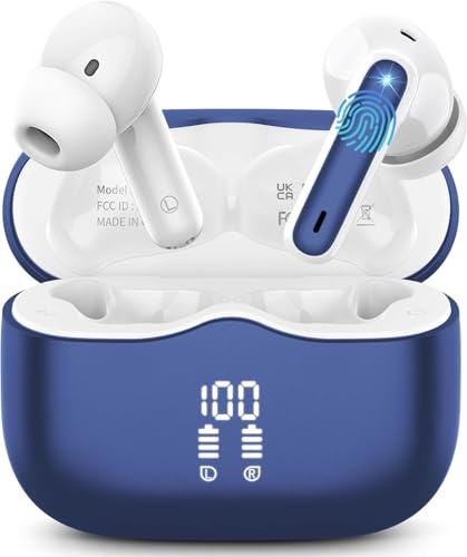 Auriculares Inalambricos Bluetooth, Auriculares Bluetooth 5.4 con 40H HD Estéreo Reducción de Ruido 4 Mic, Cascos Inalambricos con Pantalla LED, IP7 Impermeable, Carga Rápida, Ajuste Cómodo, Azul real