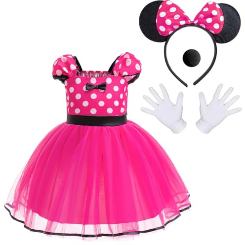 Atorcher Costume da ragazza con gonna, fiocco per capelli, guanti e naso, vestito per feste in maschera, Halloween, compleanno, set con gonna tutù a pois, fucsia/rosso, Rosa acceso, 2-3 Anni