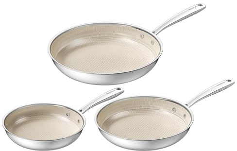 Redchef Antihaftbeschichtetes Hybrid-Keramik-Bratpfannen-Set, dreilagige Edelstahlpfanne, kühlbleibender Griff, ungiftig, PTFE/PFAS/PFOA-frei, spülmaschinen-/ofenfest (beige)