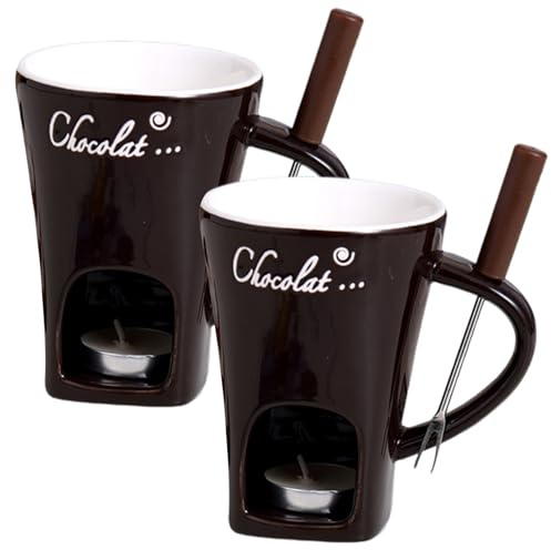 2Pcs Chocolate Fondue Cup with Fork Ceramic Chocolate Fondue Mug with Handle, Tealight Cave & Hole for Fork Holding, Tealight Not Included