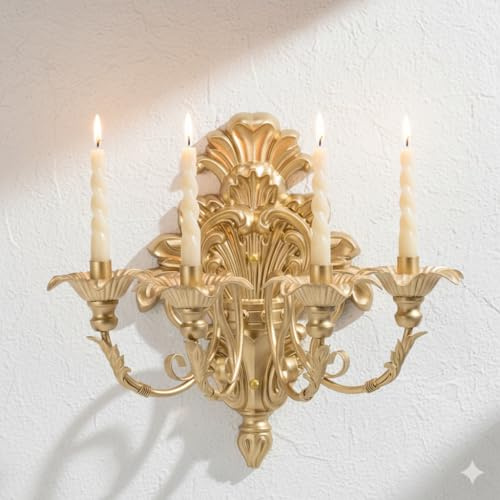 Vsosfiza Roman Fountain Wall Candle Sconce, 4-Candle Gold Baroque Candelabra, Antique Metal Wall Mounted Candlestick Holder for Tapered Candles, Victorian Rococo Decor for Living Rooms（1pack）