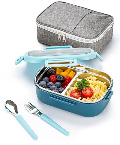 Lille Home Stainless Steel Bento Box, Leakproof, 2-Compartment | 850ml, BPA-Free Lunch Food Container. Ideal for Portion Control & Meal Prep. With Lunch Bag & Cutlery. for Work and Picnic