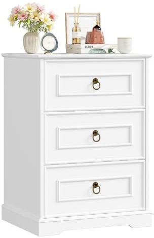 FOREHILL Mesita de Noche con 3 Cajones, Mesitas de Noche Dormitorio, Mesilla de Noche, Mesa de Noche, Moderno, Blanco, 45,5x38x64 cm