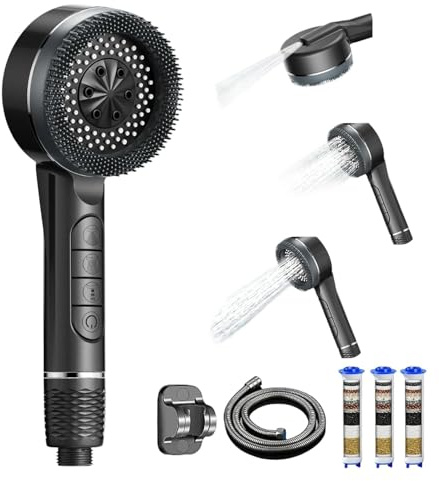 Shower Head,Electric Shower Head and Hose, 4 Spray Modes, High Pressure Filtered Shower Head with 1.5 M Hose and Holder, Pressure Boosting Showerhead with Adjustable Switch, Powerful Handheld