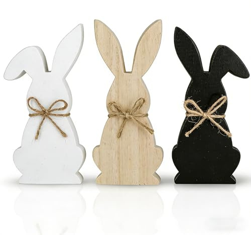 3er Set Osterhasen Figuren Modern, Osterdeko Holz Hasen zum Hinstellen, Schwarz Weiß Natur, Kleine Ostern Deko für Tisch & Fensterbank, Frühling Dekoration für Wohnzimmer