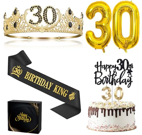 30th Birthday Decorations for Him - King Crown, Sash, Balloon Birthday Gift | Adjustable Metal Crown, Satin Sash, King Cake Topper, Gold Candles, King Birthday Decoration, 30th Birthday Gifts for Men