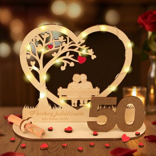 ARTREE Geldgeschenk Hochzeit, 50 Geldgeschenke Holz zur Goldene Hochzeit Deko, Geschenk 50.Hochzeitstag für Geschenke, Geschenkidee zum 50. Hochzeitstag Deko,Holzgeschenke Zum Jubiläum, Hochzeiten
